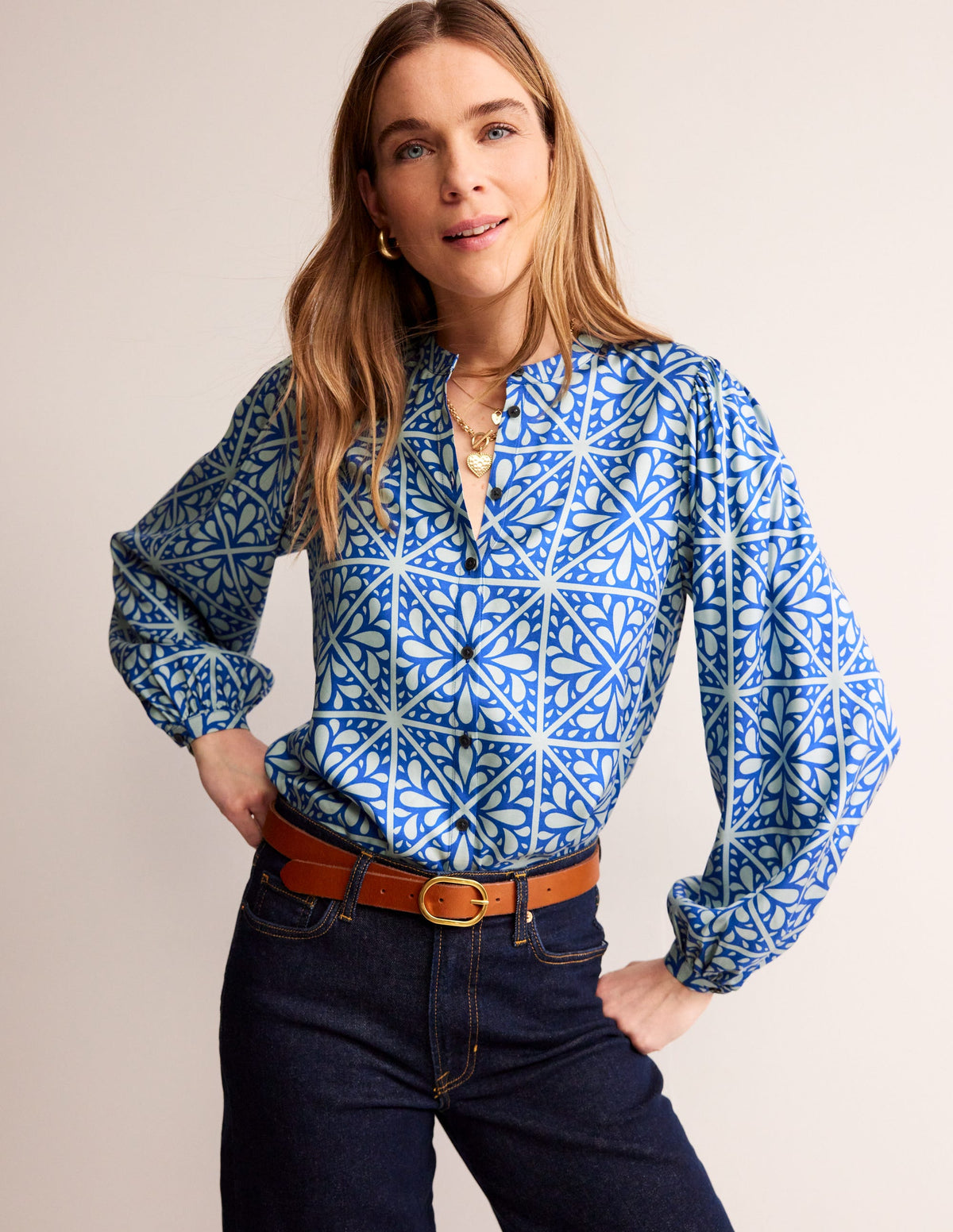 Blouson Sleeve Blouse-Surf The Web, Floral Mosaic-1