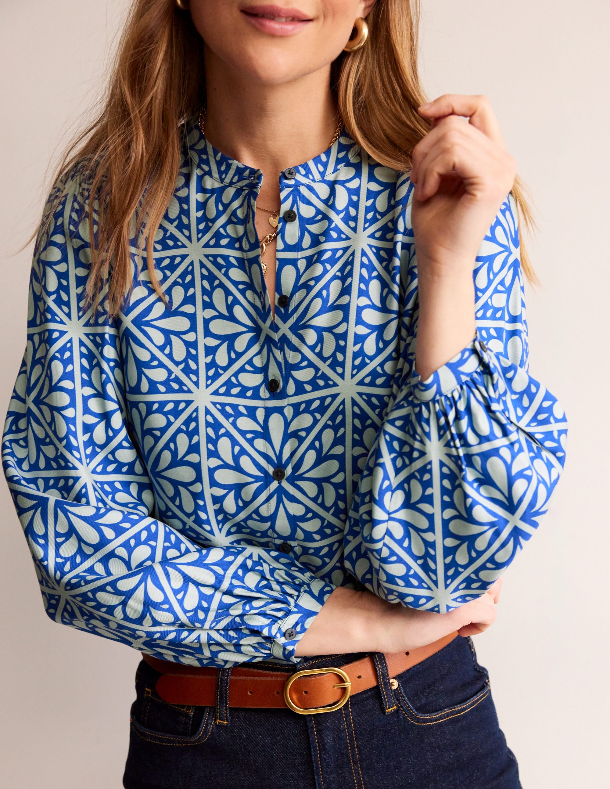 Blouson Sleeve Blouse-Surf The Web, Floral Mosaic - Image 2