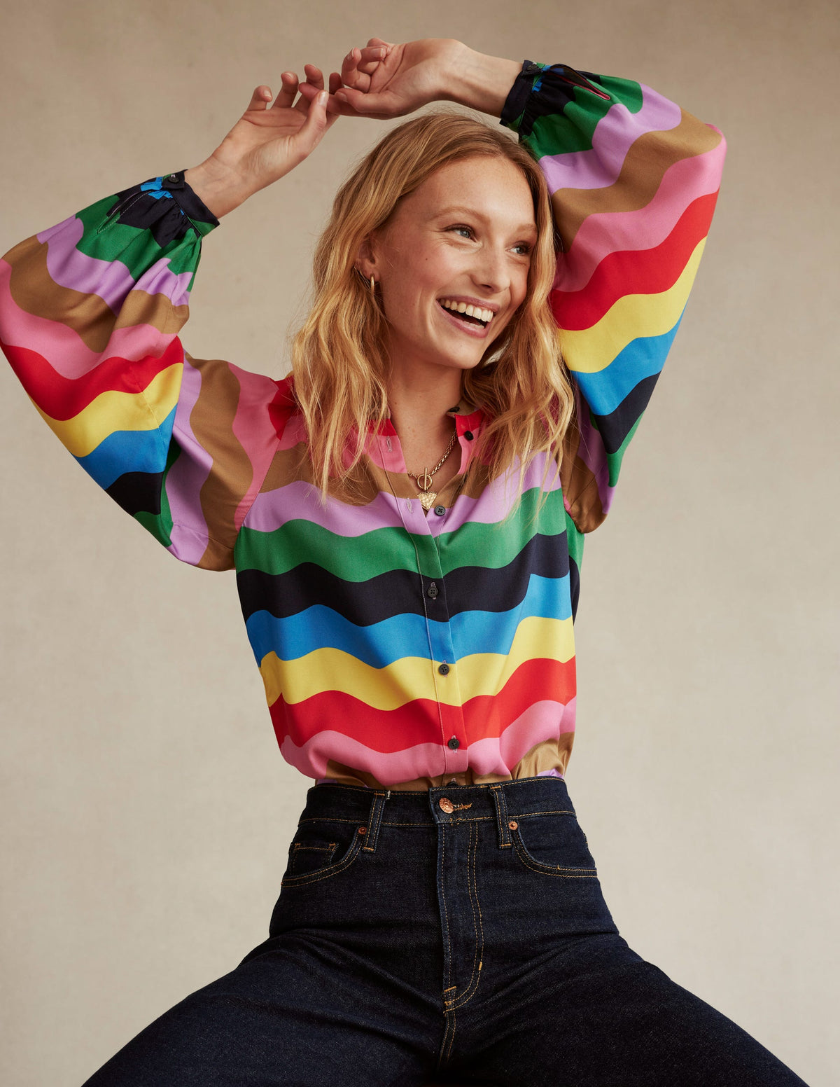Blouson Sleeve Blouse-Multi, Rainbow Wave - Image 5