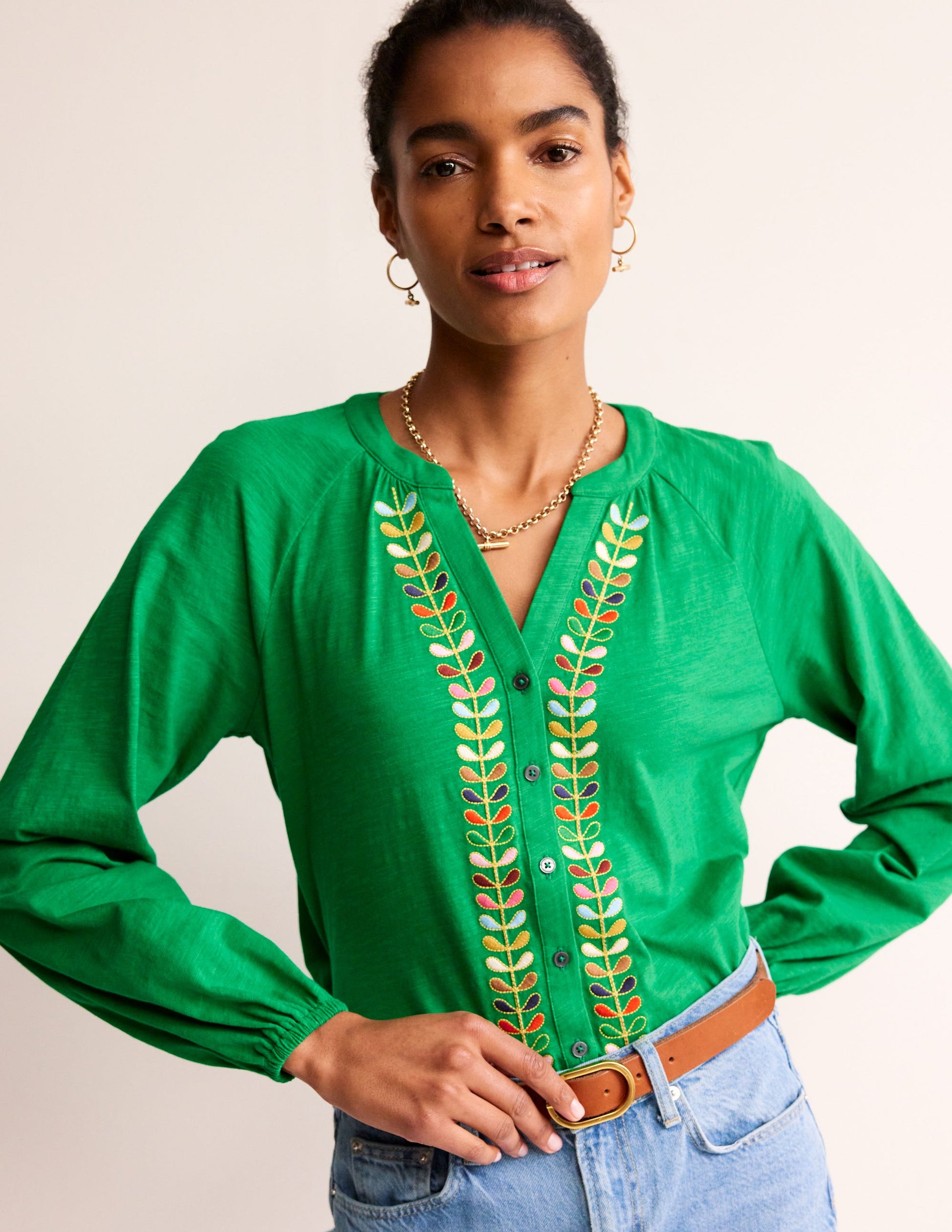 Embroidered Detail Top-Rich Emerald-1