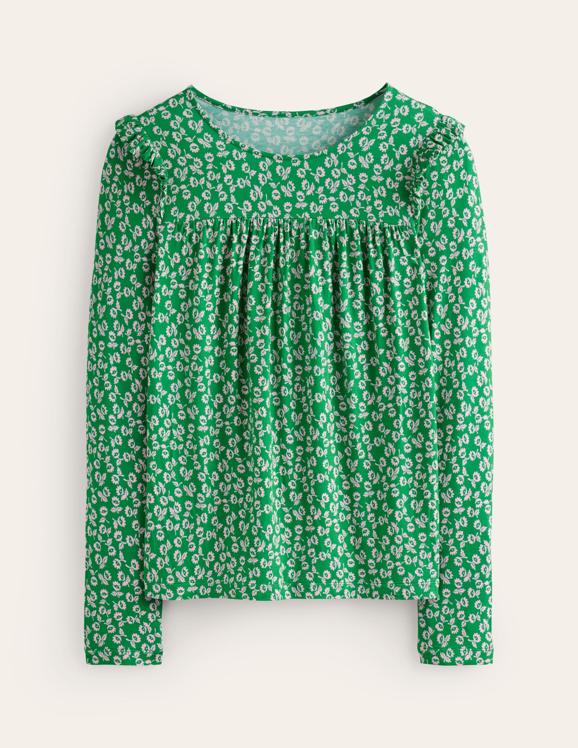 Frill Detail Long Sleeve Top-Green Tambourine, Ditsy Bud-5