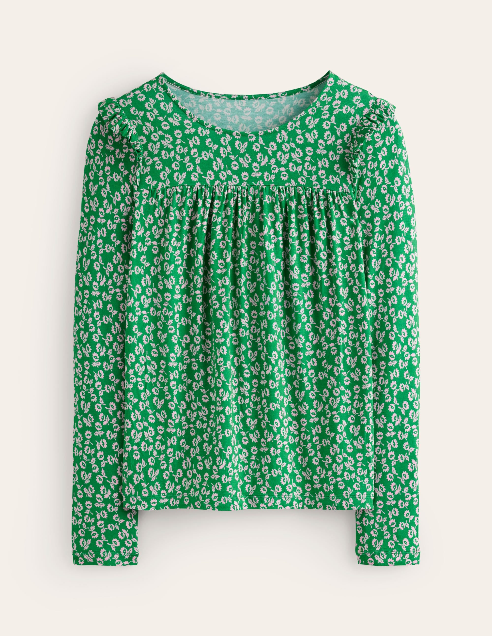 Frill Detail Long Sleeve Top-Green Tambourine, Ditsy Bud - Image 5