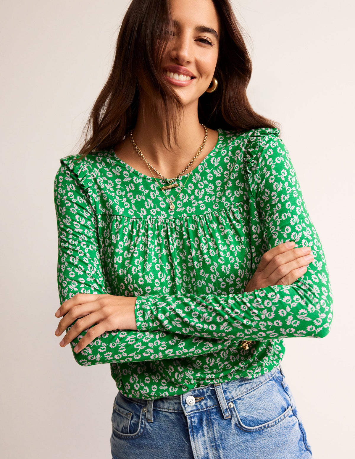 Frill Detail Long Sleeve Top-Green Tambourine, Ditsy Bud - Image 1