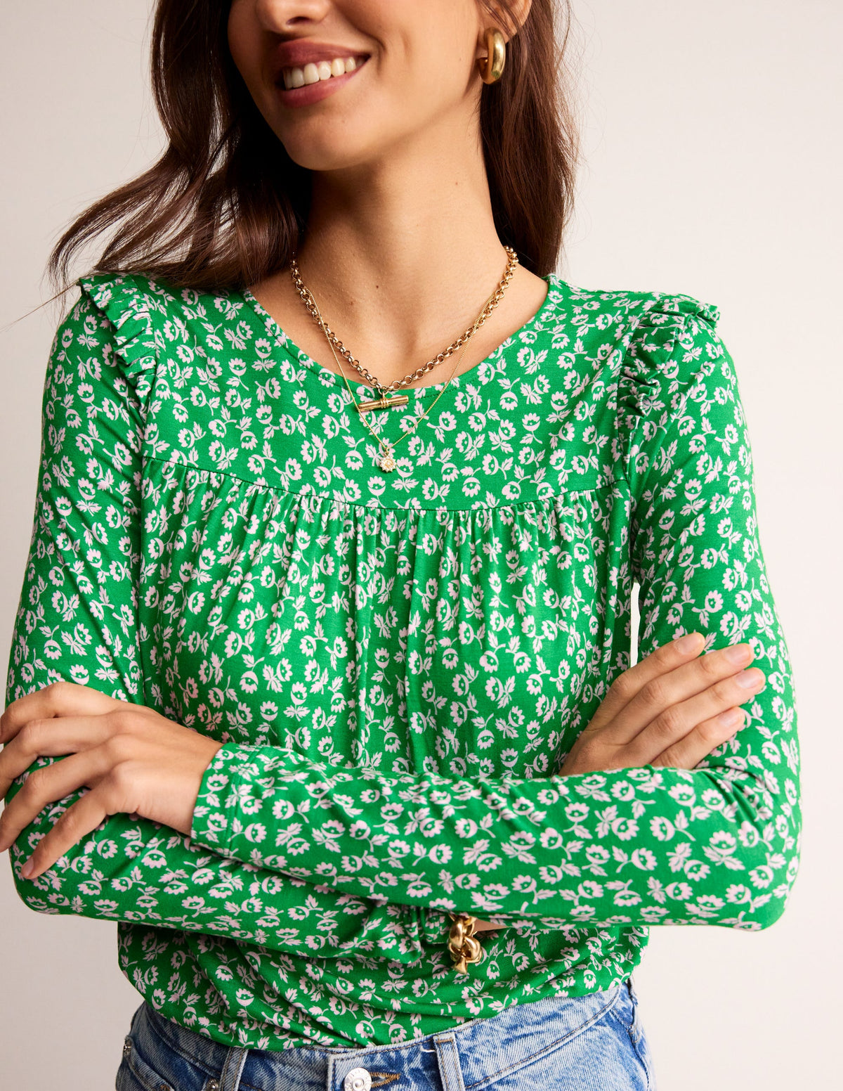 Frill Detail Long Sleeve Top-Green Tambourine, Ditsy Bud - Image 2