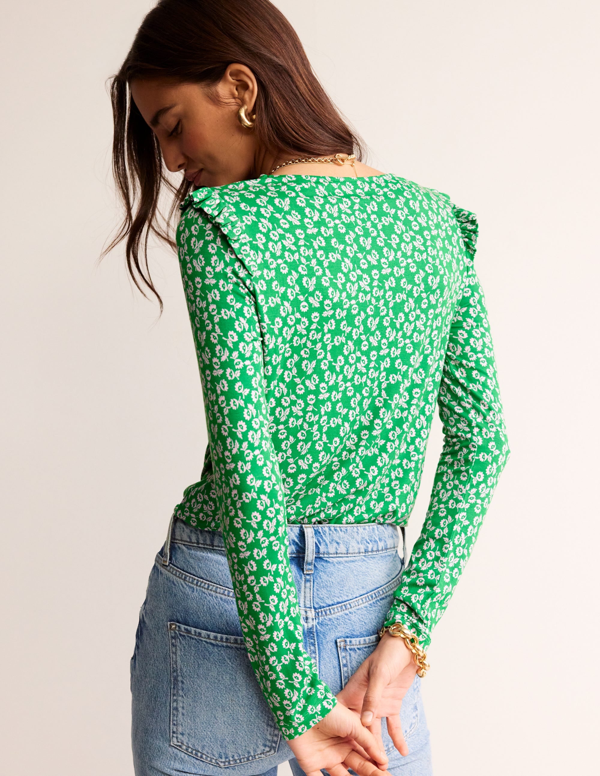 Frill Detail Long Sleeve Top-Green Tambourine, Ditsy Bud - Image 3