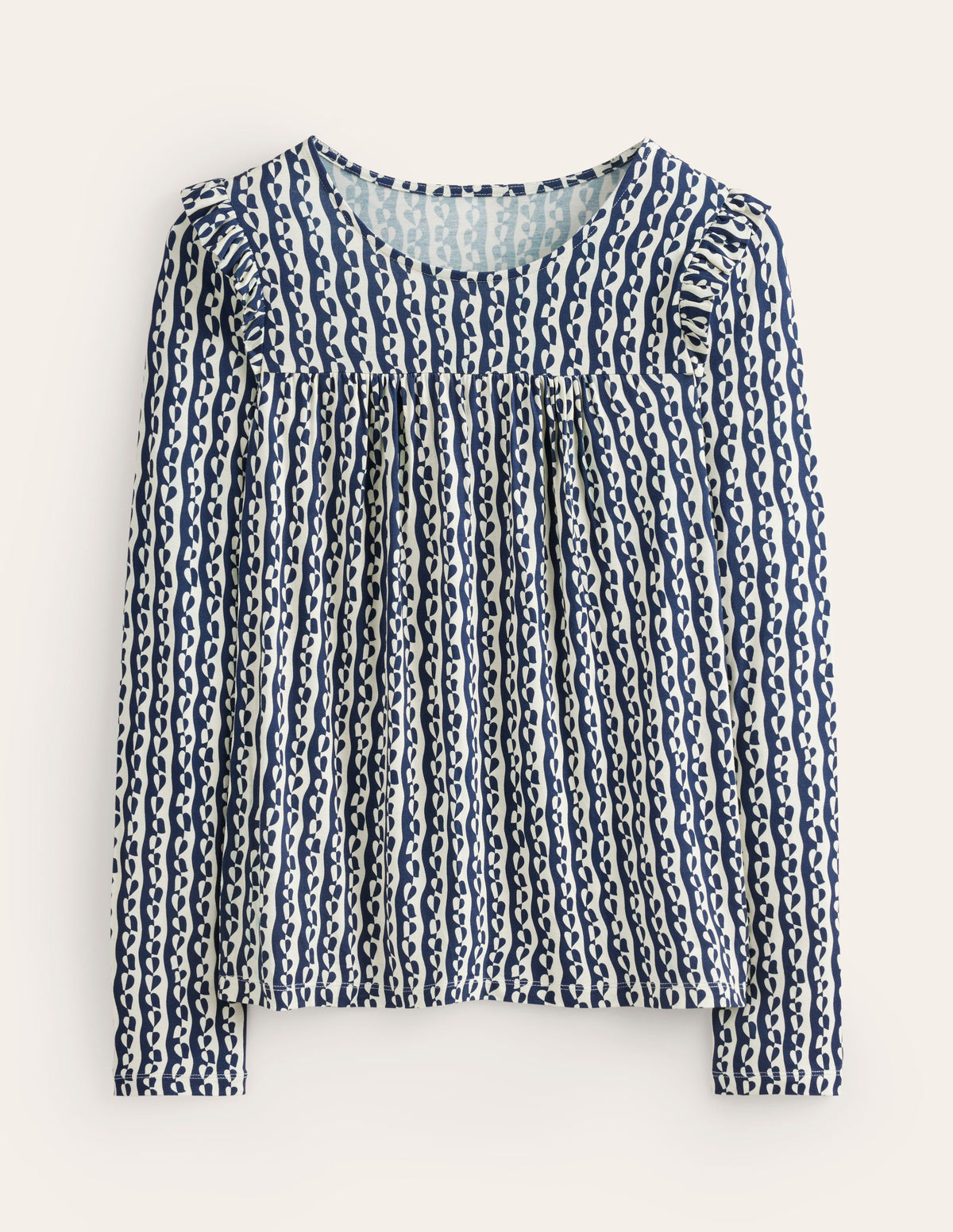 Frill Detail Long Sleeve Top-Navy, Abstract Heart-5