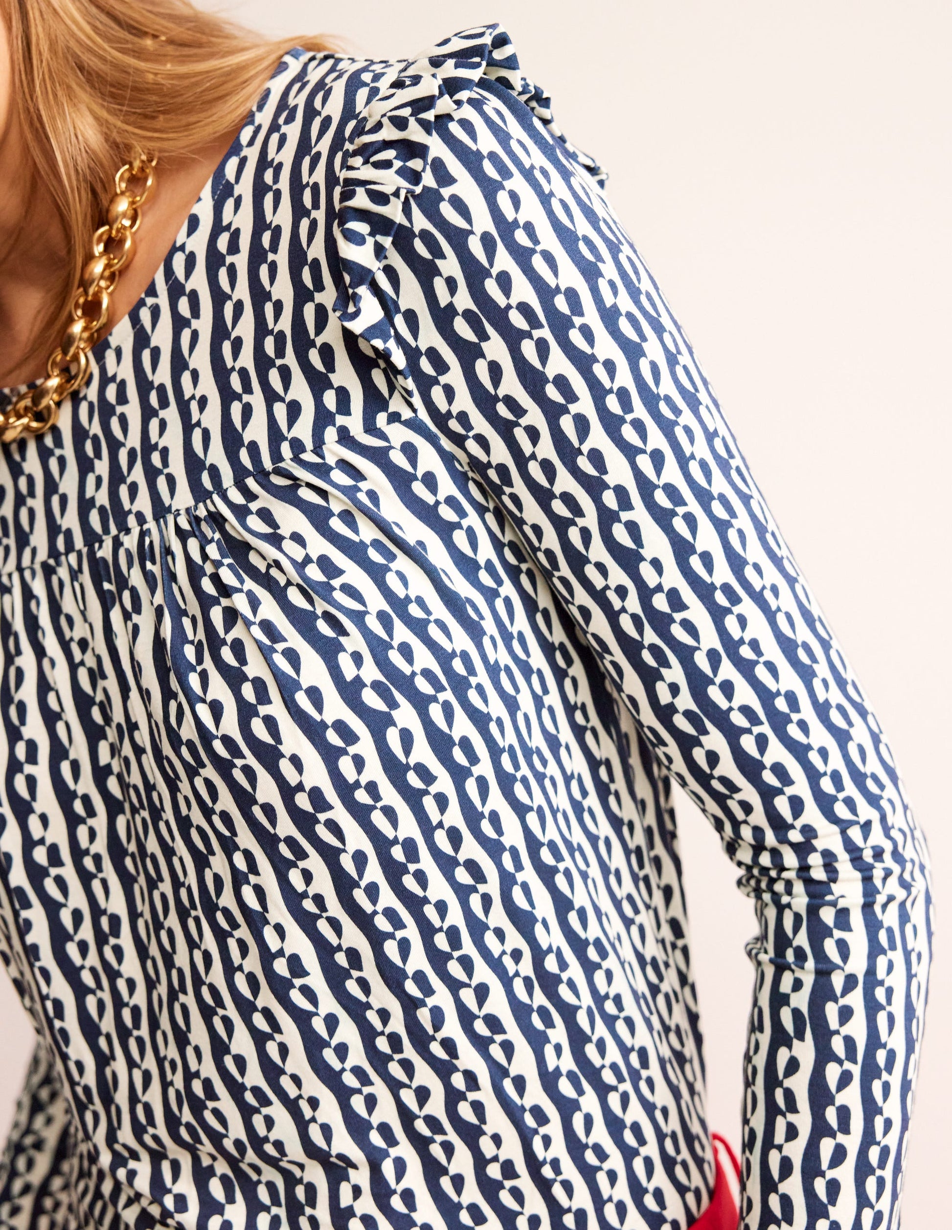 Frill Detail Long Sleeve Top-Navy, Abstract Heart-2