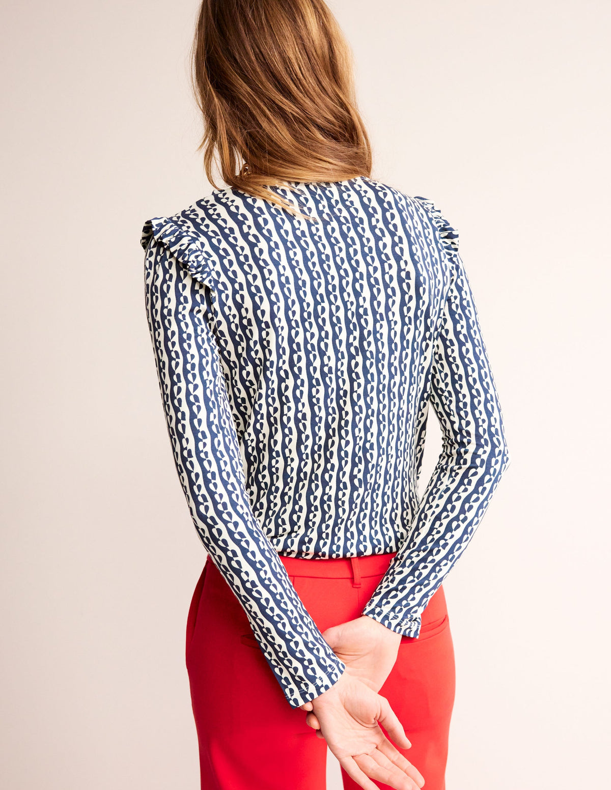 Frill Detail Long Sleeve Top-Navy, Abstract Heart-3