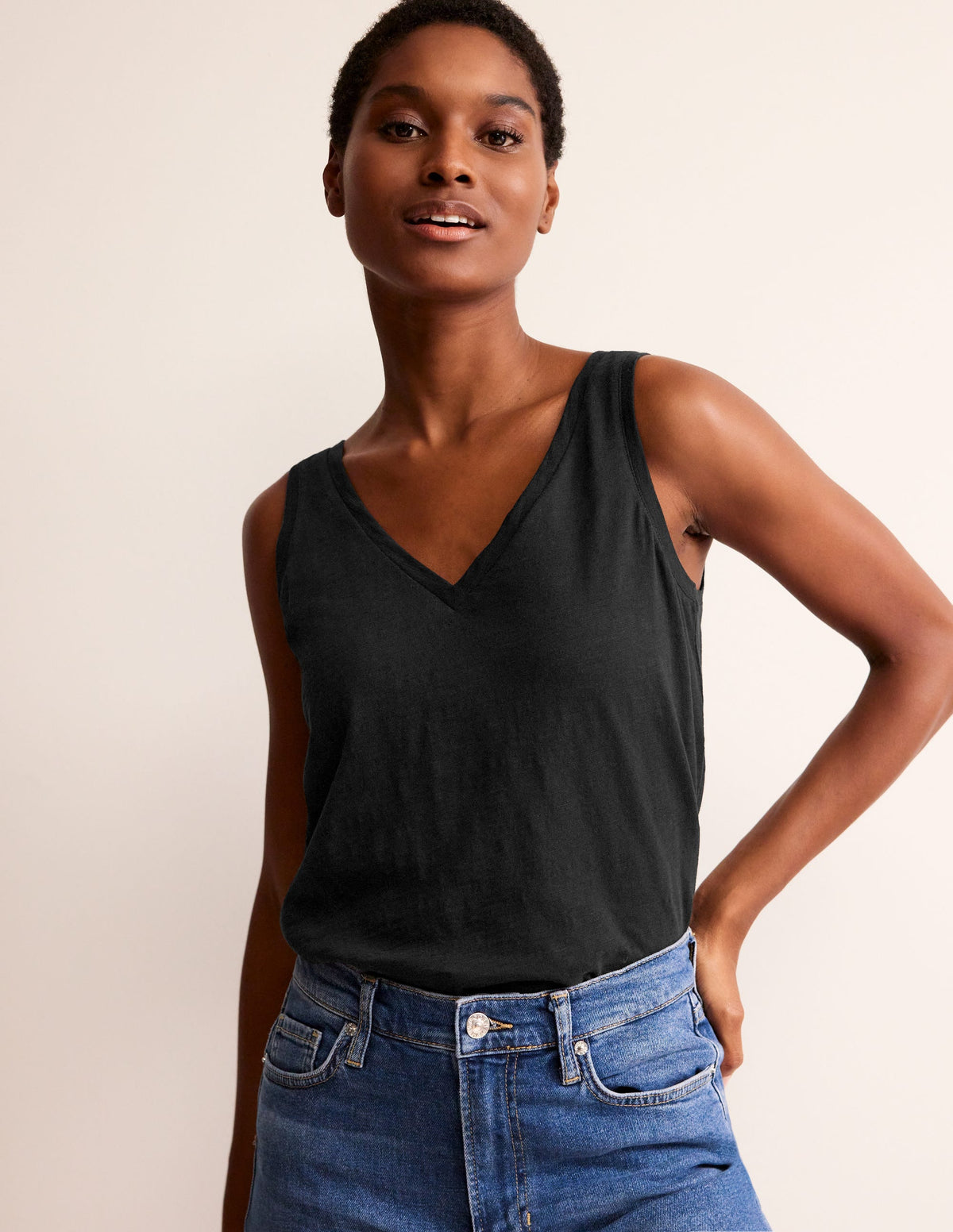 Regular V-Neck Slub Vest-Black - Image 2