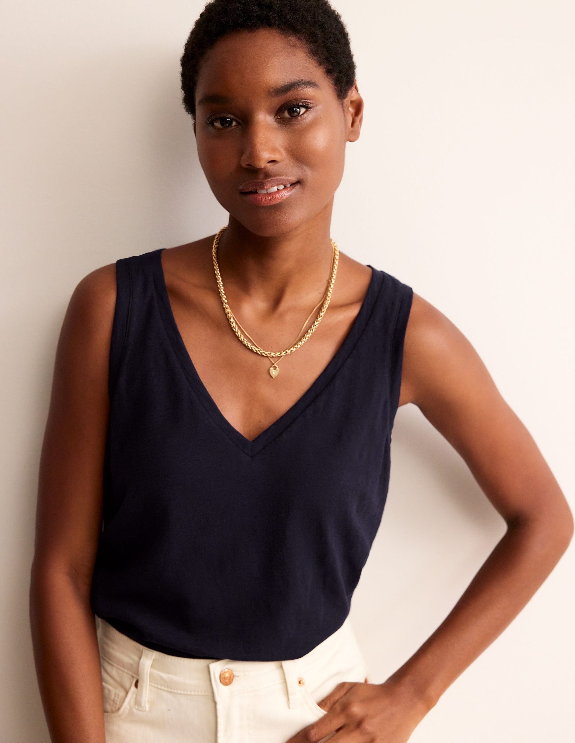 Regular V-Neck Slub Vest-Navy-1