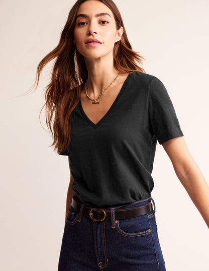 Regular V-Neck Slub T-shirt-Black-1