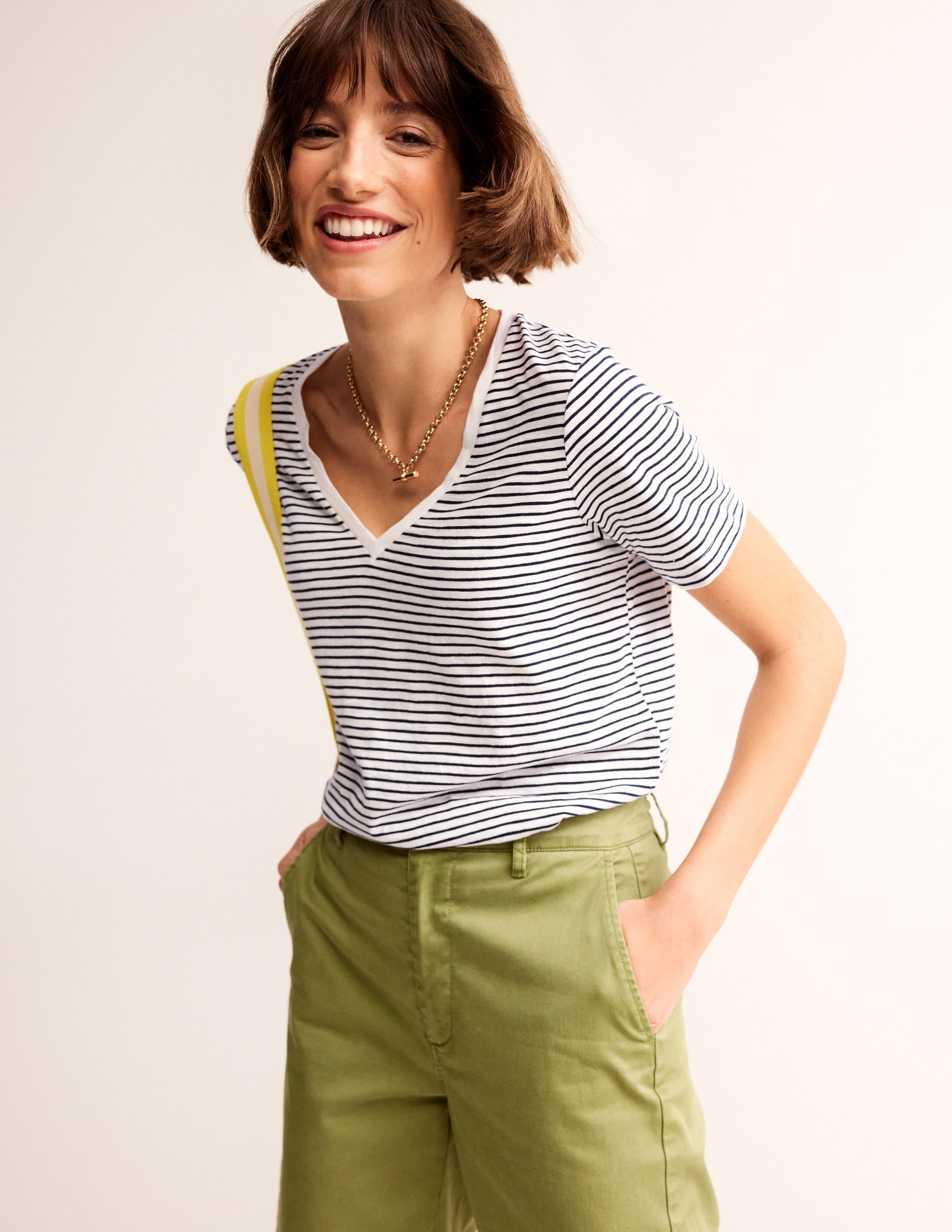 Regular V-Neck Slub T-shirt-Ivory, Navy - Image 1