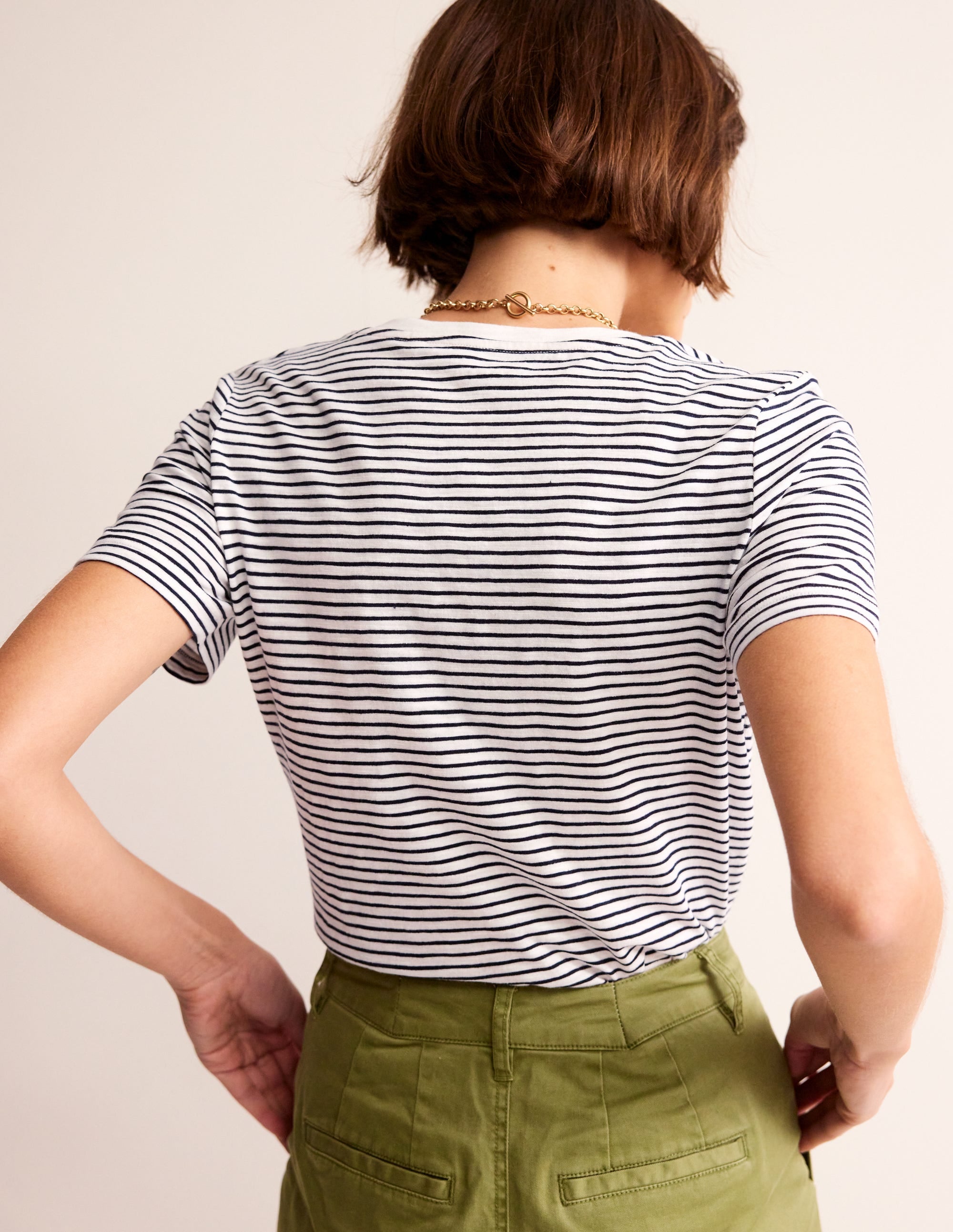 Regular V-Neck Slub T-shirt-Ivory, Navy - Image 3
