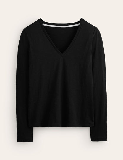 Cotton V-Neck Long Sleeve Top-Black-5