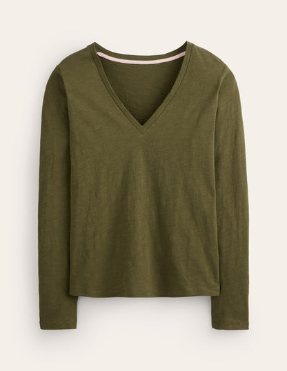 Cotton V-Neck Long Sleeve Top-Oregano