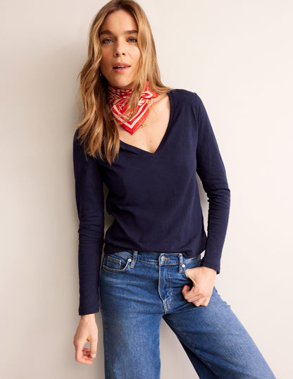 Cotton V-Neck Long Sleeve Top-Navy-1