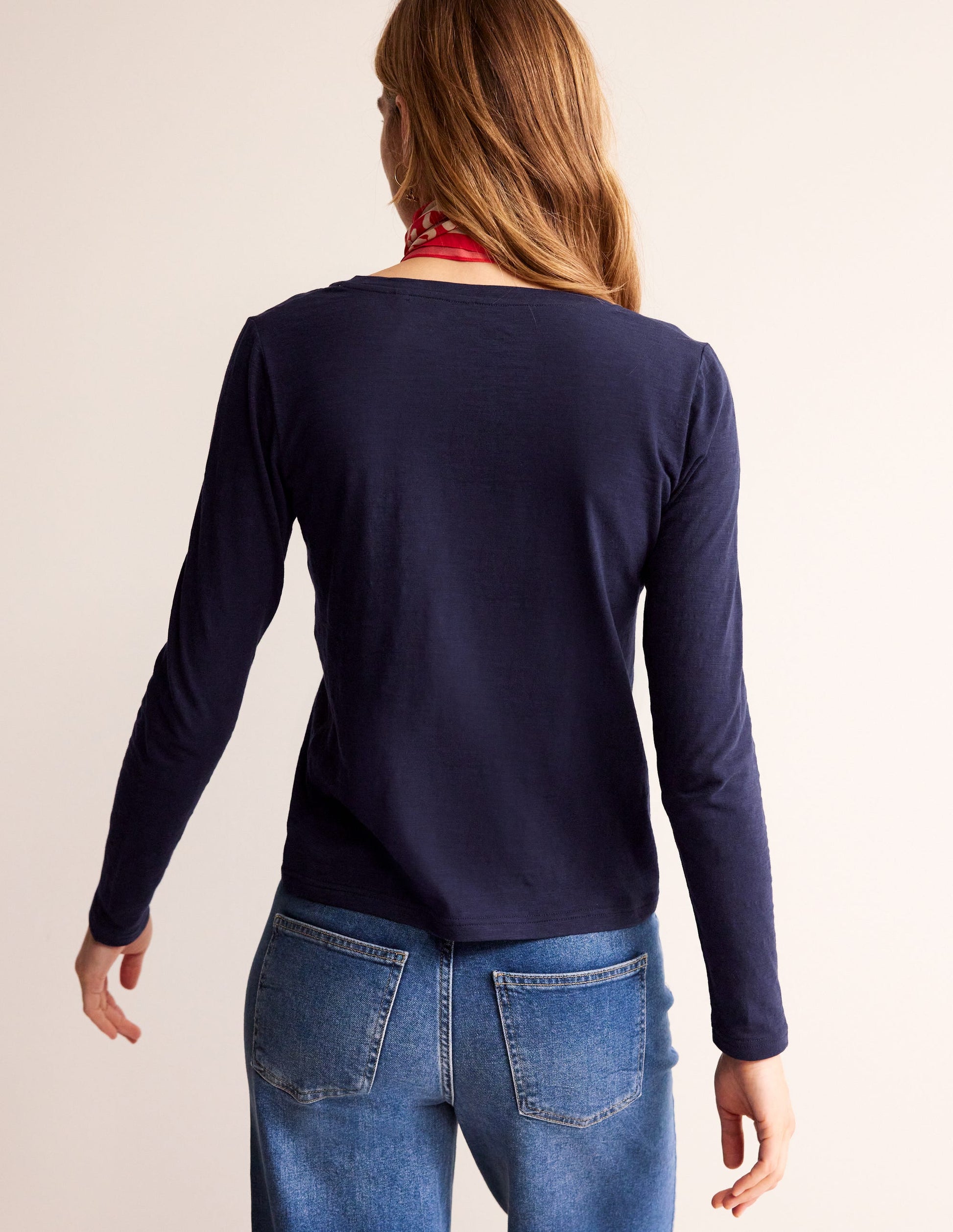 Cotton V-Neck Long Sleeve Top-Navy-3