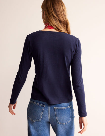 Cotton V-Neck Long Sleeve Top-Navy-3