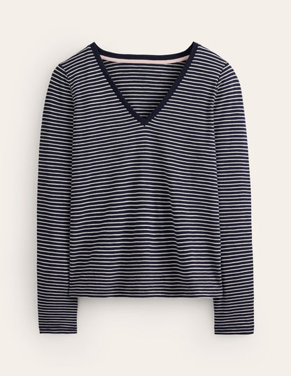 Cotton V-Neck Long Sleeve Top-Navy, Ivory