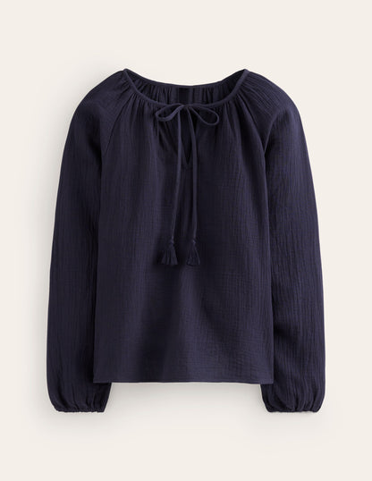Serena Double Cloth Blouse-Navy-6