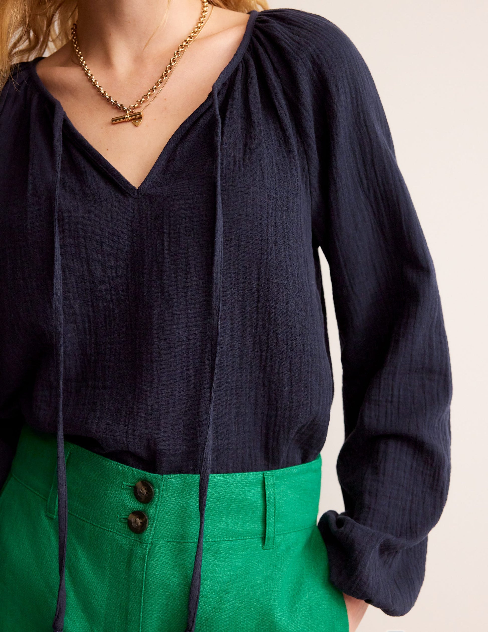 Serena Double Cloth Blouse-Navy-2