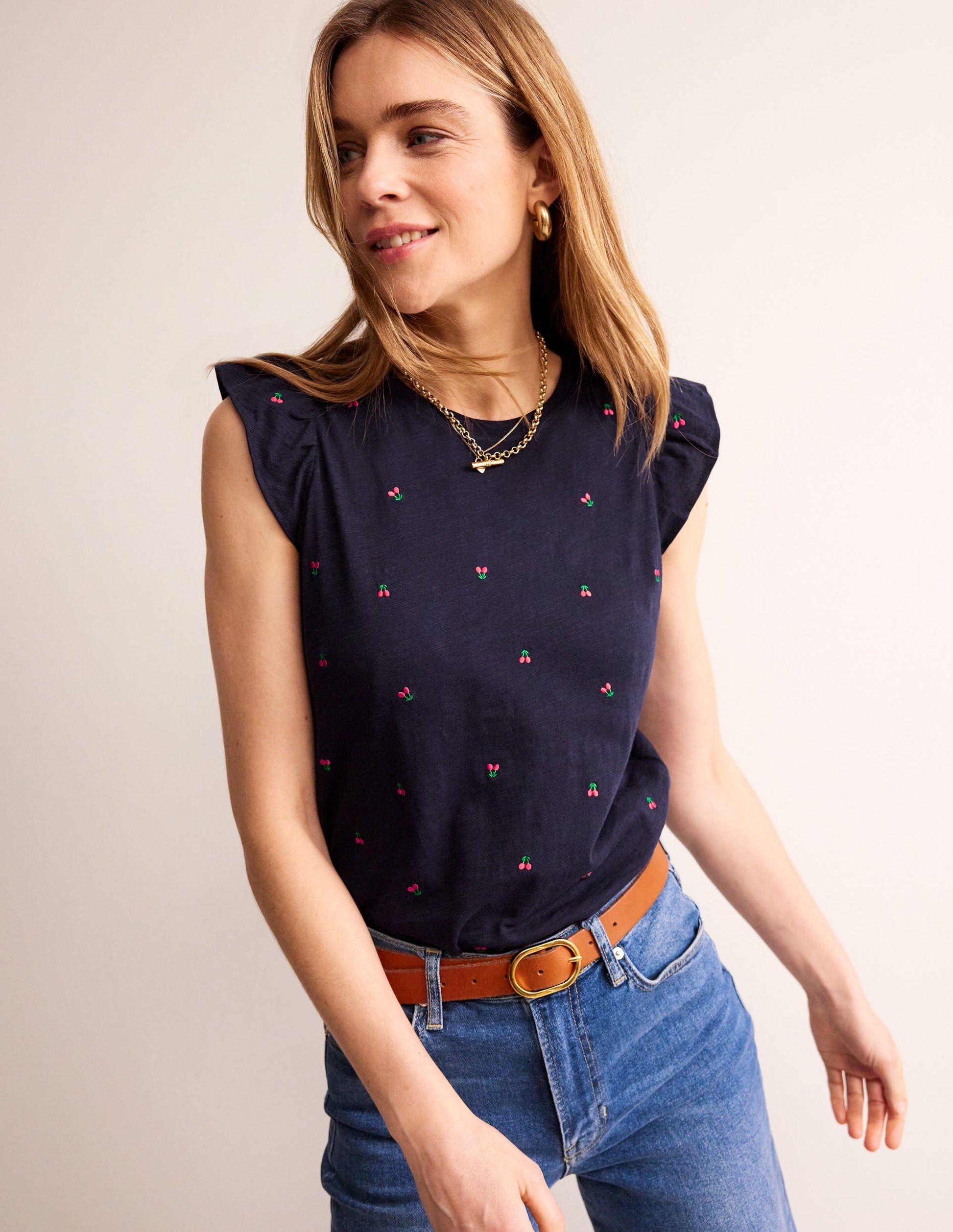 Dora Flutter Sleeve Top-Navy, Cherries-1
