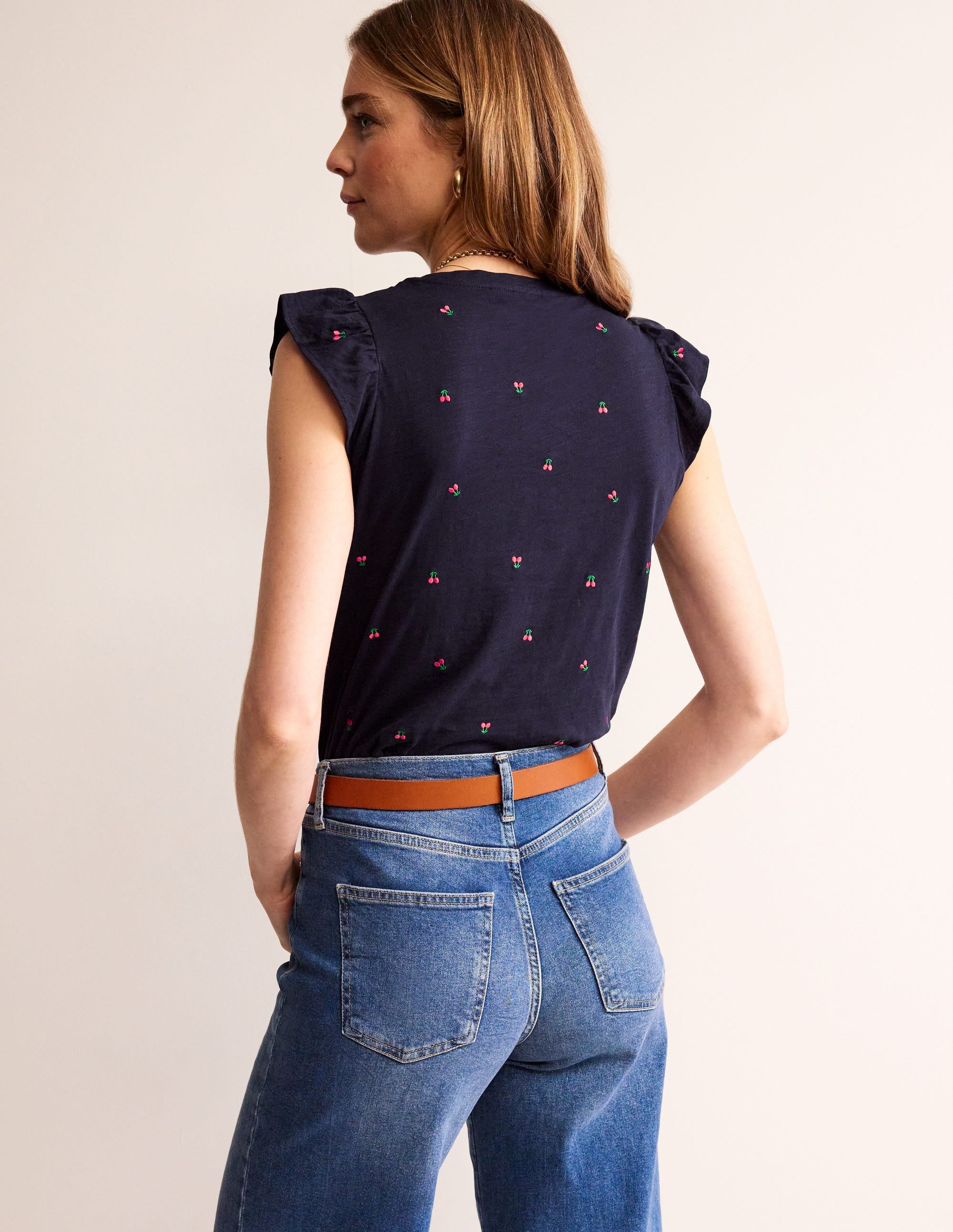 Dora Flutter Sleeve Top-Navy, Cherries - Image 3