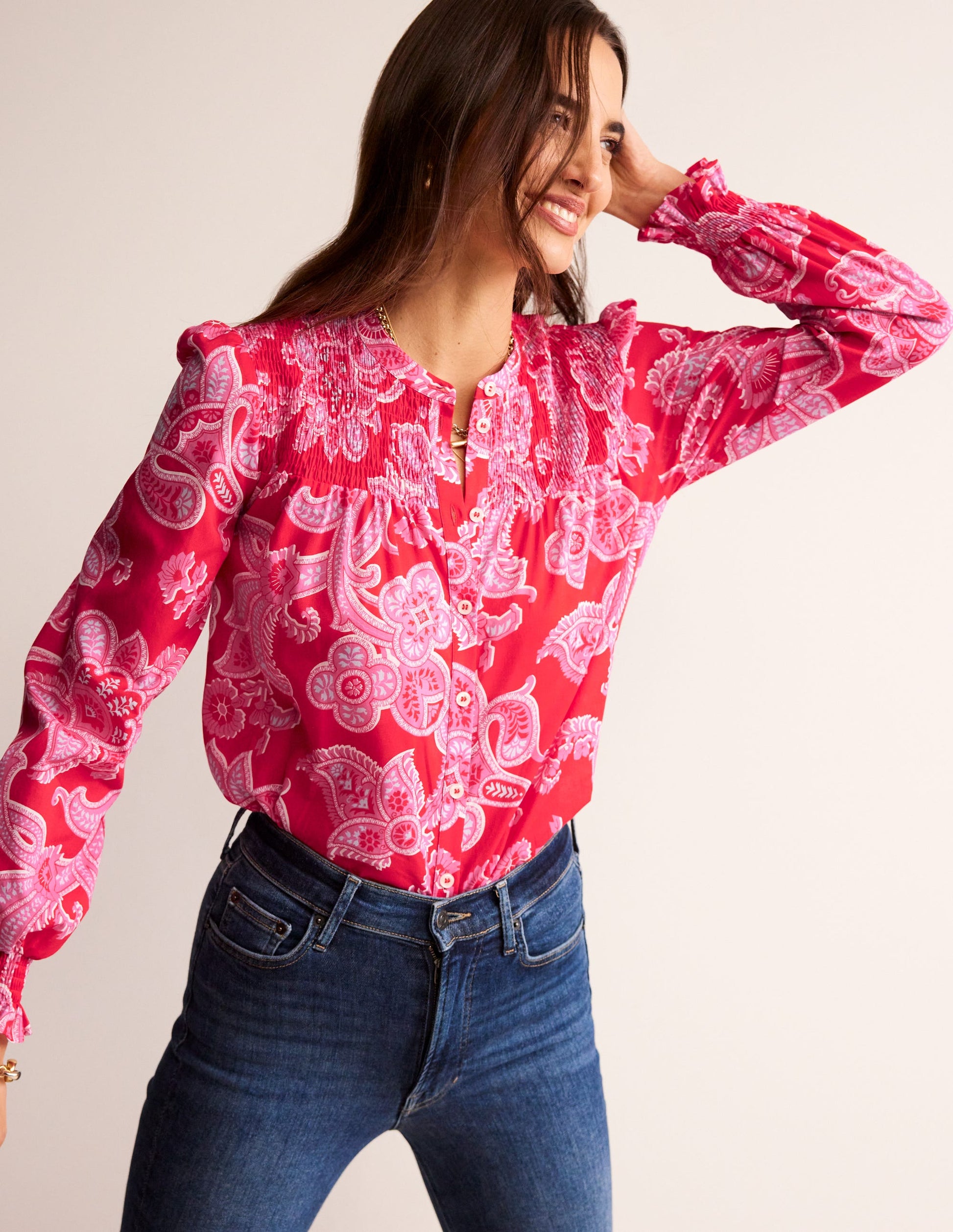 Helena Cotton Blouse-Flame Scarlet, Cascade Paisley-1