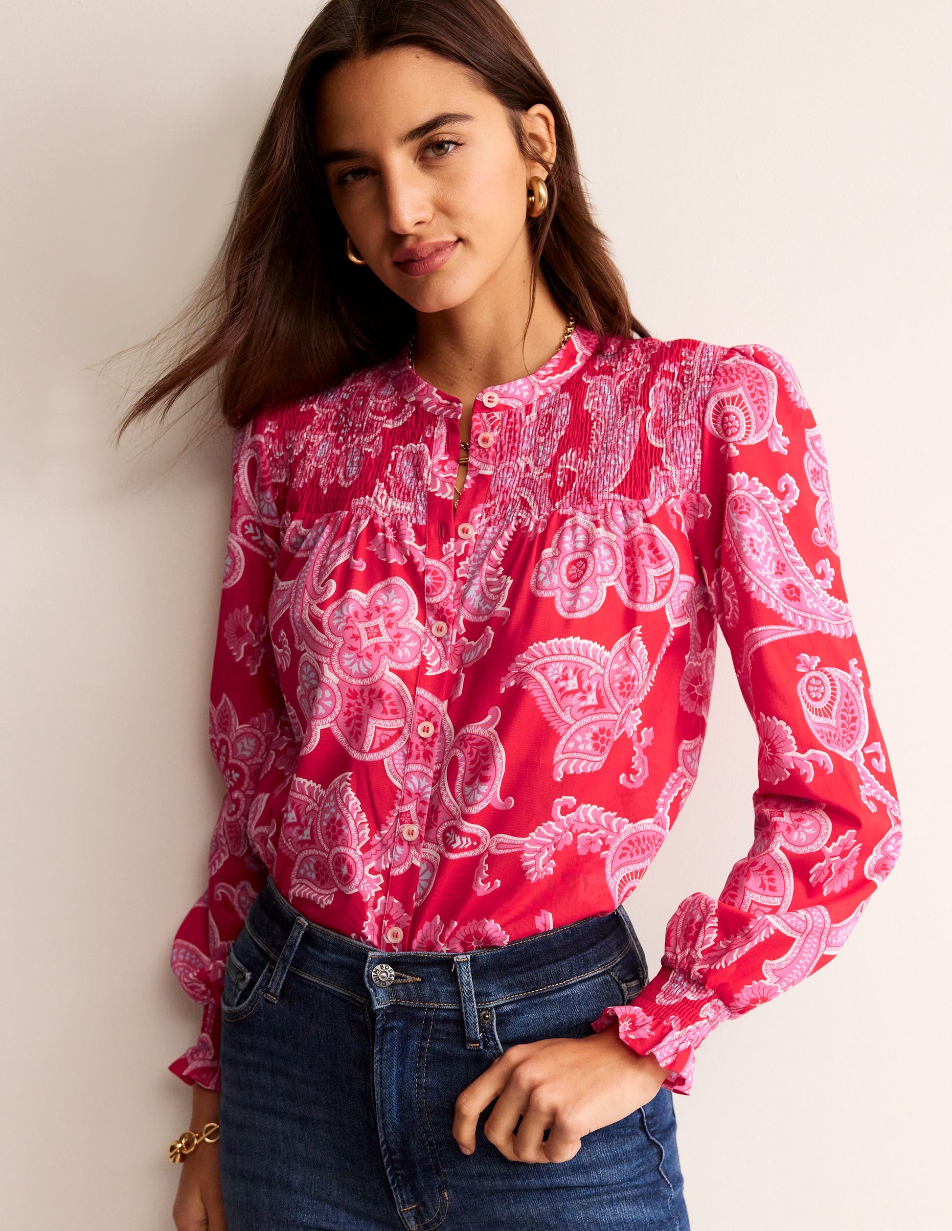Helena Cotton Blouse-Flame Scarlet, Cascade Paisley-4