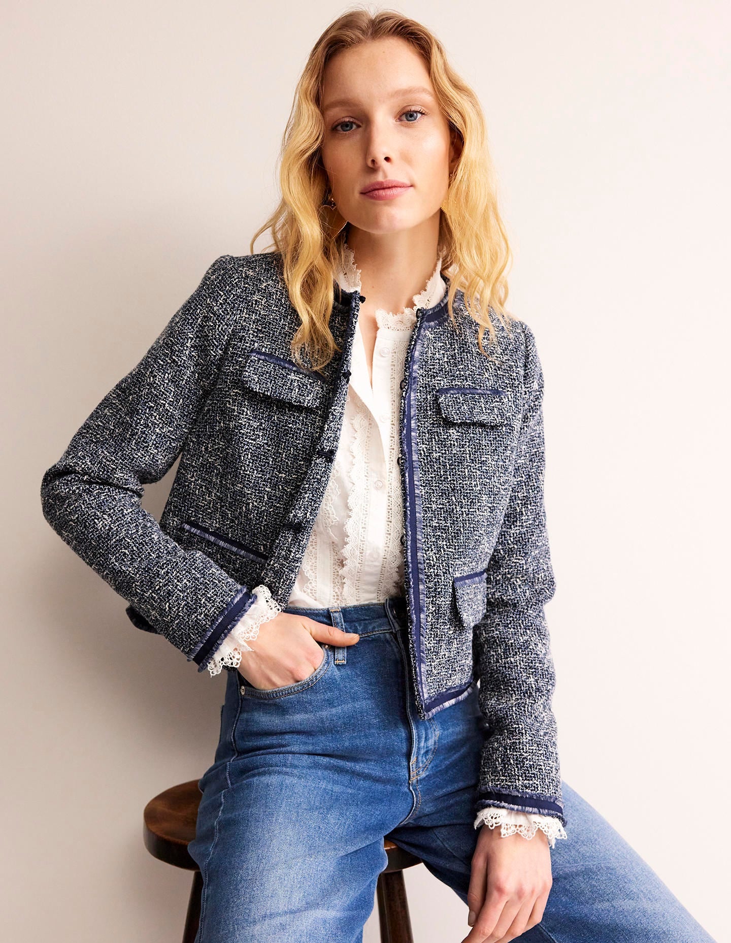 Textured Interest Crop Jacket-Navy-1