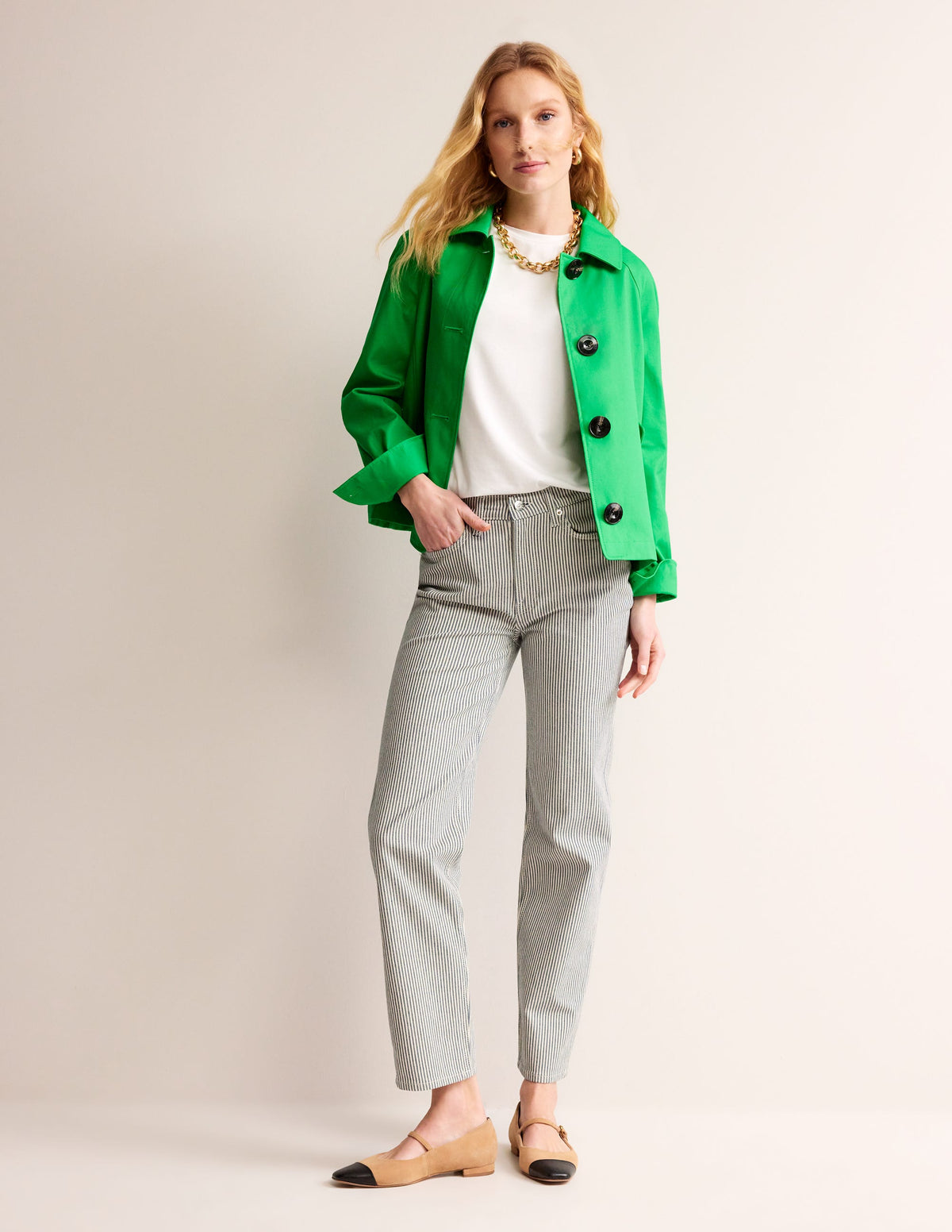 Cropped Trench Jacket-Bright Green with Navy Pop - Image 2