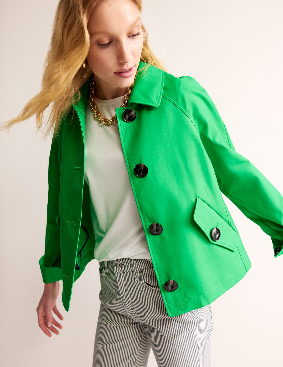 Cropped Trench Jacket-Bright Green with Navy Pop - Image 4