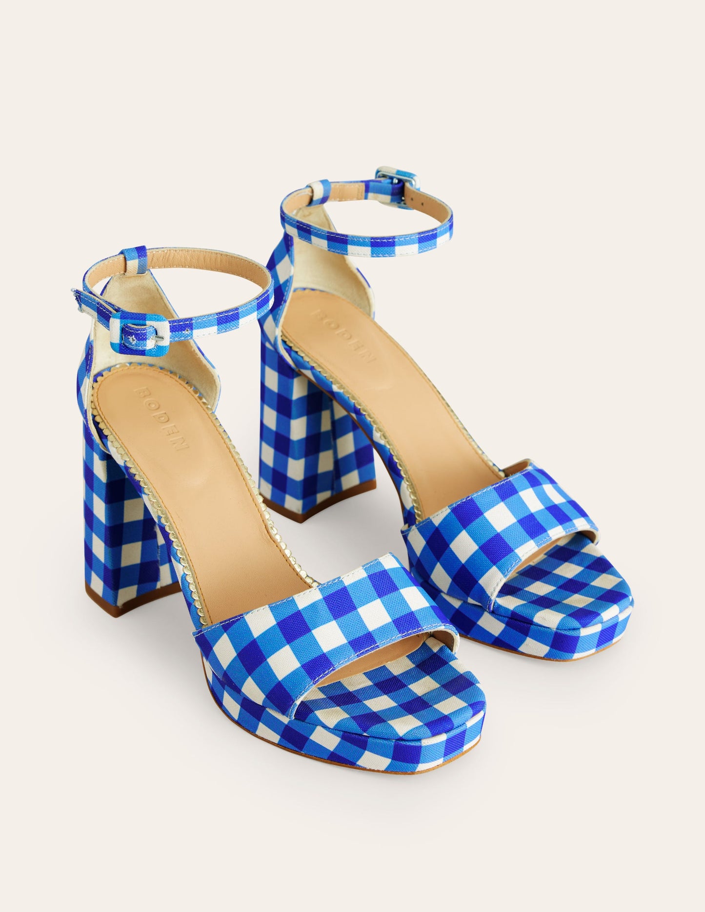 Heeled Platform Sandals-Blue and White Gingham