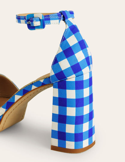 Heeled Platform Sandals-Blue and White Gingham