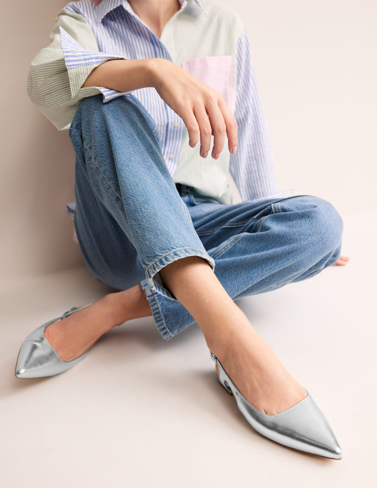 Cut Out Sling Back Flats-Silver Leather - Image 1