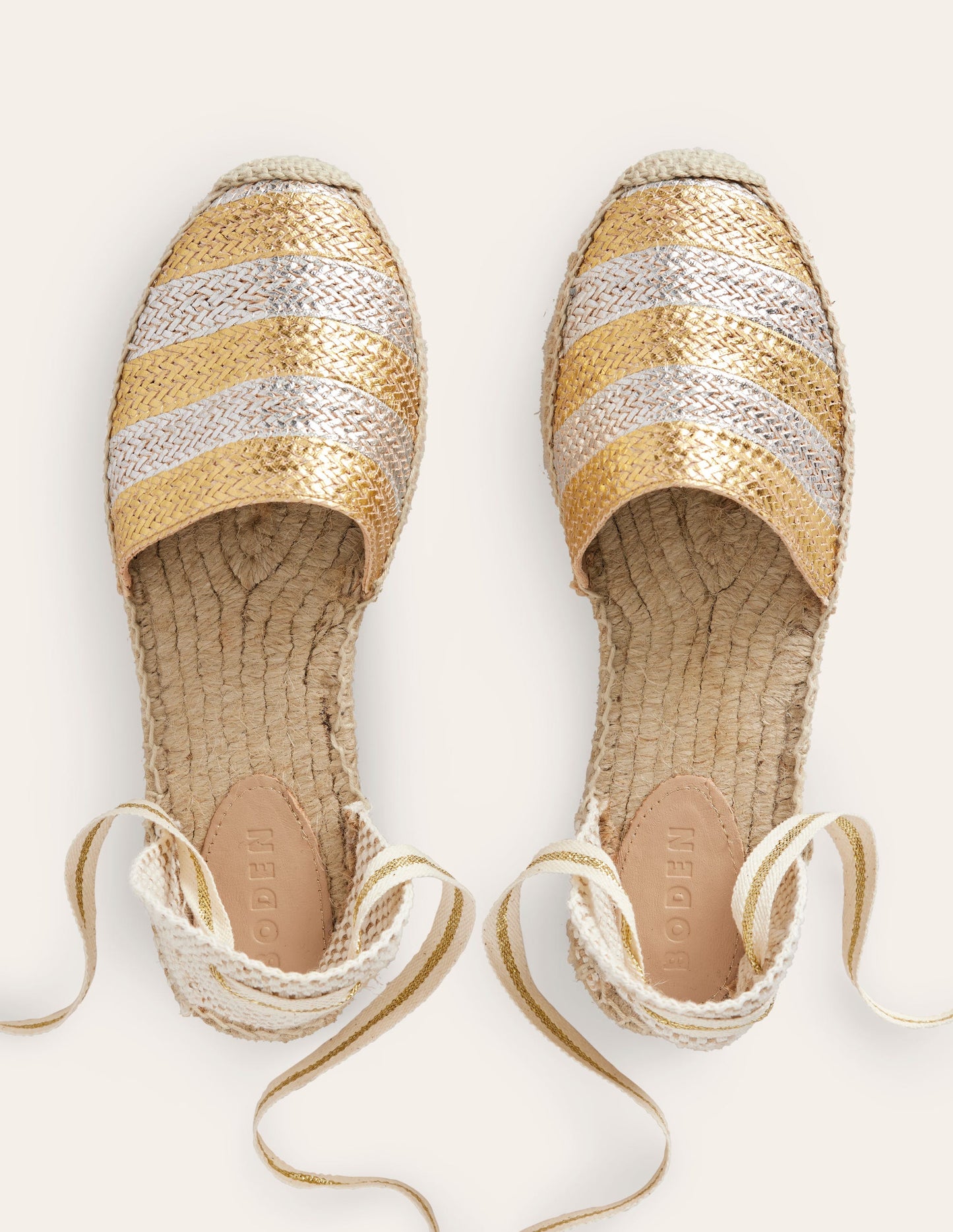 Ankle Tie Flat Espadrilles-Gold/ Silver