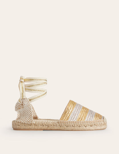 Ankle Tie Flat Espadrilles-Gold/ Silver