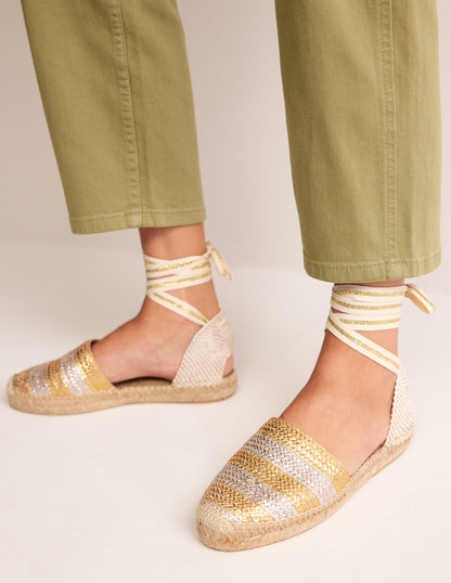 Ankle Tie Flat Espadrilles-Gold/ Silver