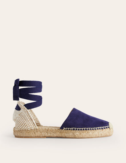 Ankle Tie Flat Espadrilles-Navy suede