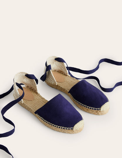 Ankle Tie Flat Espadrilles-Navy suede