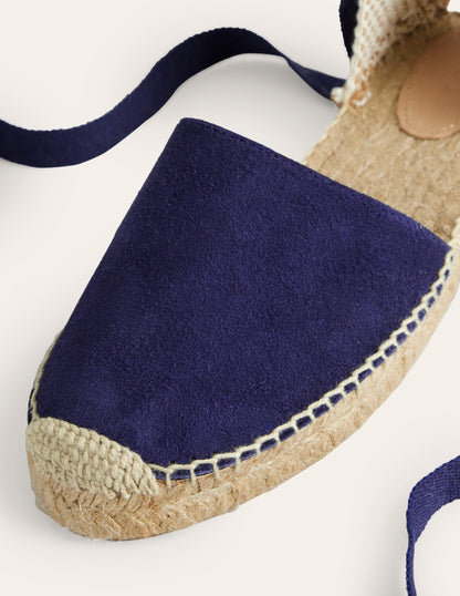 Ankle Tie Flat Espadrilles-Navy suede