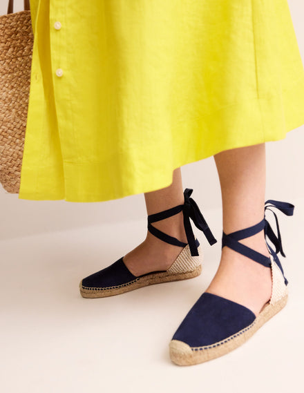 Ankle Tie Flat Espadrilles-Navy suede