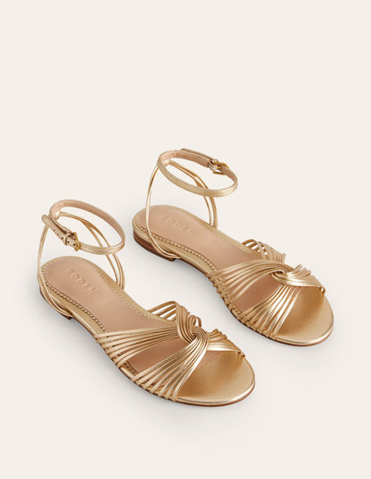 Twist Front Sandals-Gold Metallic Leather