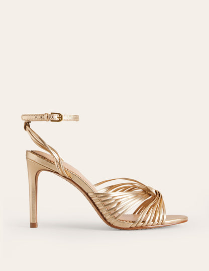 Twist Front Heeled Sandals-Gold Metallic Leather