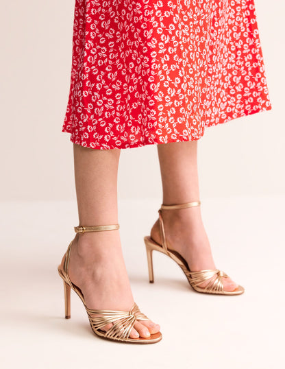 Twist Front Heeled Sandals-Gold Metallic Leather