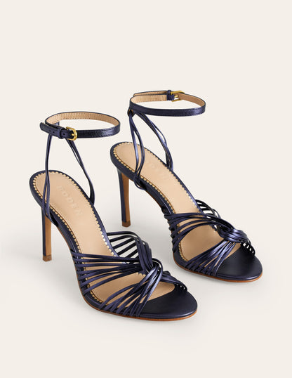 Twist Front Heeled Sandals-Navy Metallic