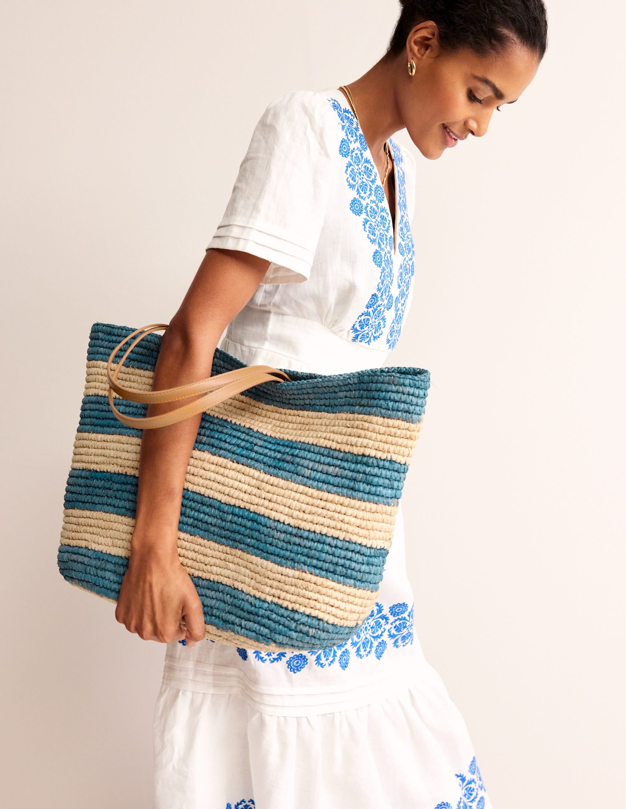 Raffia Tote Bag-Blue Stripe - Image 2