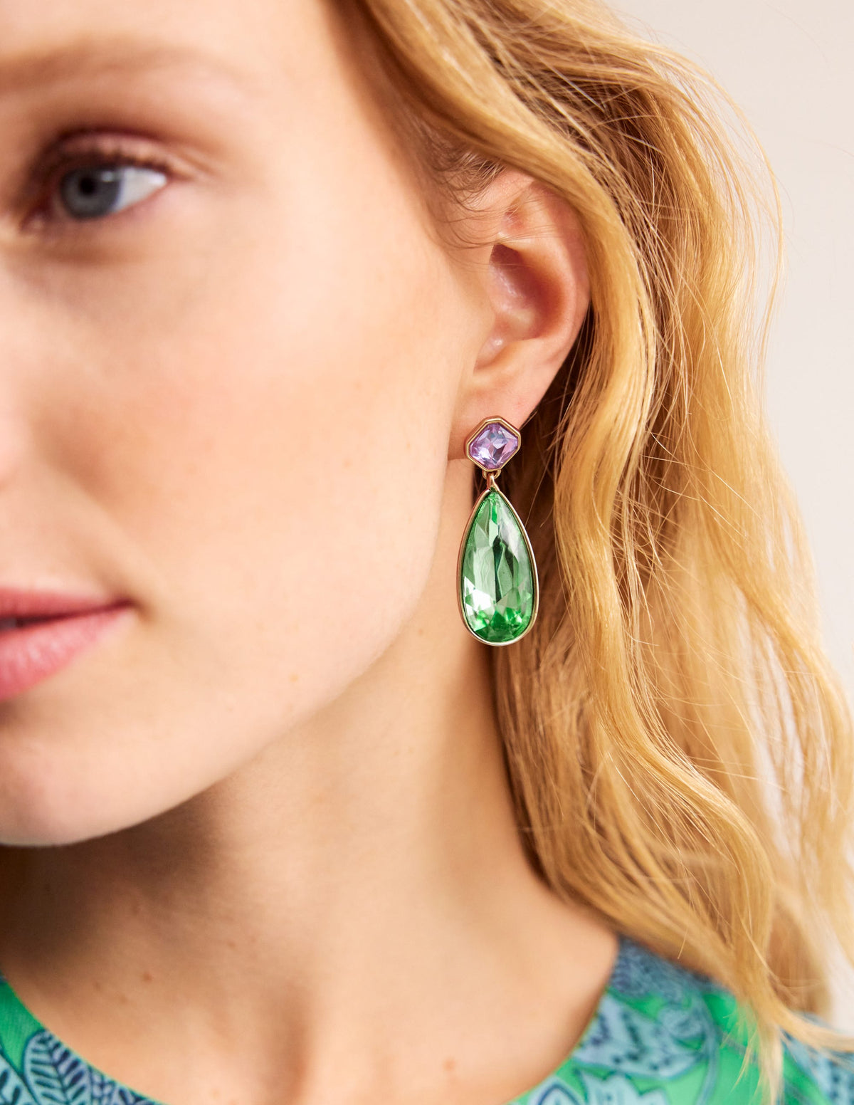 Statement Jewel Earrings-Green and Lilac - Image 1