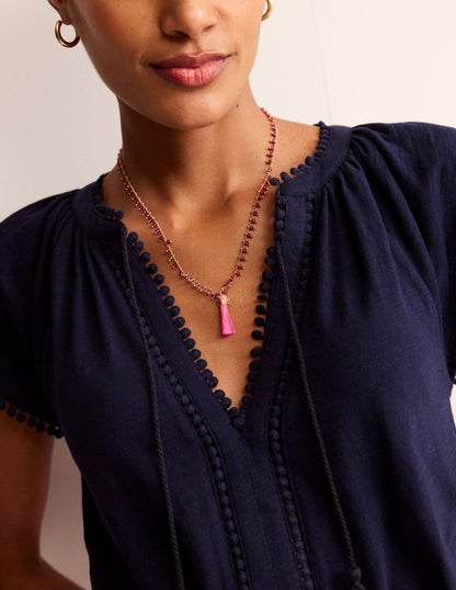 Beaded Tassel Necklace-Pink-1