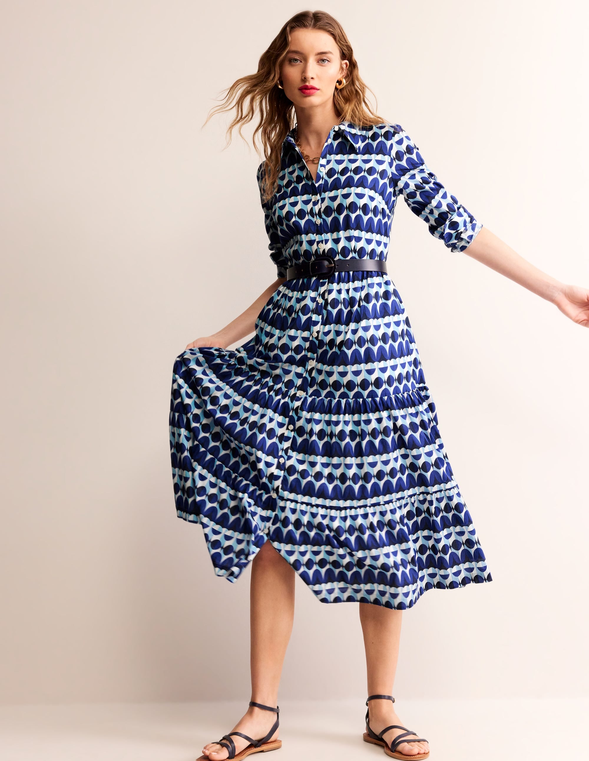Flo Cotton Midi Shirt Dress-Blue, Abstract Illusion - Image 5